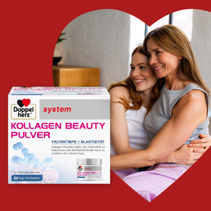 Abbildung des Produktes Doppelherz system Kollagen Beauty Pulver, im Hintergrund sind zwei Frauen zu sehen, die sich umarmen.