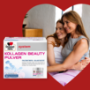 Abbildung des Produktes Doppelherz system Kollagen Beauty Pulver, im Hintergrund sind zwei Frauen zu sehen, die sich umarmen.