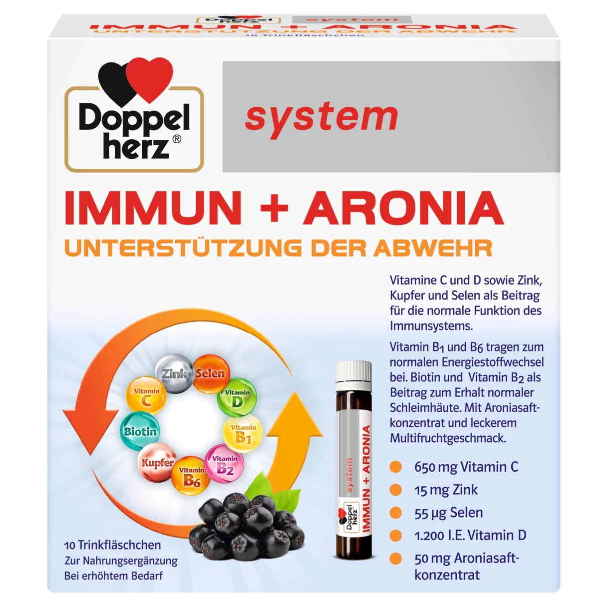 Abbildung der Produktverpackung Doppelherz system IMMUN + ARONIA Frontansicht