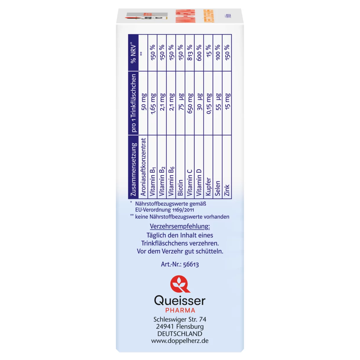 Abbildung der Produktverpackung Doppelherz system IMMUN + ARONIA Seitenansicht links