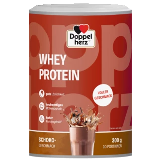 Abbildung der Produktverpackung Doppelherz WHEY PROTEIN Schoko Frontansicht