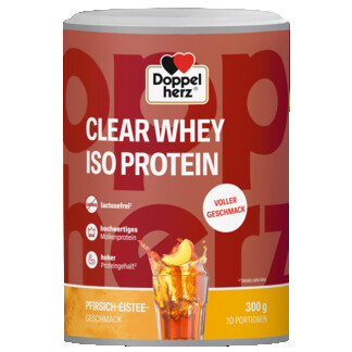 Abbildung der Produktverpackung Doppelherz aktiv Doppelherz CLEAR WHEY ISO PROTEIN Pfirsich-Eistee Frontansicht