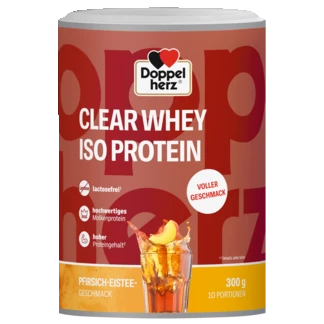 Abbildung der Produktverpackung Doppelherz CLEAR WHEY ISO PROTEIN Pfirsich-Eistee Frontansicht