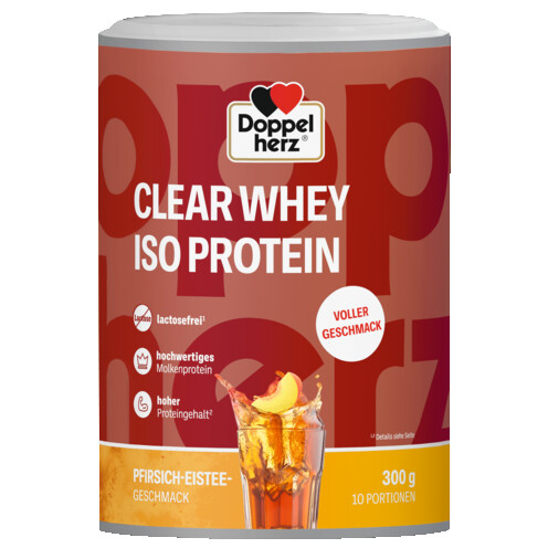 Abbildung der Produktverpackung Doppelherz aktiv Doppelherz CLEAR WHEY ISO PROTEIN Pfirsich-Eistee Frontansicht