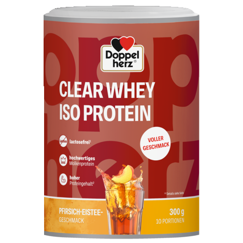 Abbildung der Produktverpackung Doppelherz Doppelherz CLEAR WHEY ISO PROTEIN Pfirsich-Eistee Frontansicht