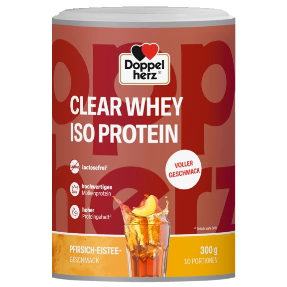 Abbildung der Produktverpackung  Doppelherz CLEAR WHEY ISO PROTEIN Pfirsich-Eistee Frontansicht