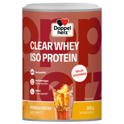 Abbildung der Produktverpackung Doppelherz aktiv Doppelherz CLEAR WHEY ISO PROTEIN Pfirsich-Eistee Frontansicht