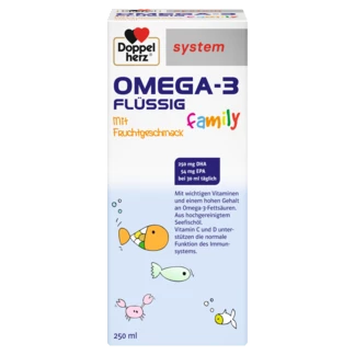 Abbildung der Produktverpackung Doppelherz system OMEGA-3 family FLÜSSIG Frontansicht