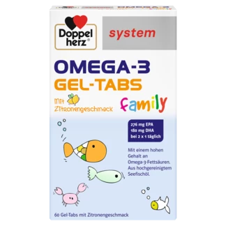 Abbildung der Produktverpackung Doppelherz system OMEGA-3 family Zitrone Frontansicht