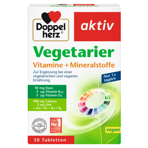 Abbildung der Produktverpackung Doppelherz aktiv Vegetarier Vitamine + Mineralstoffe Frontansicht