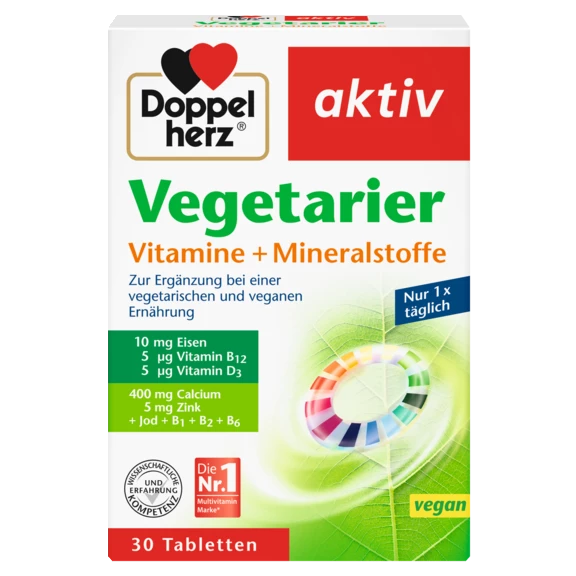 Abbildung der Produktverpackung Doppelherz aktiv Vegetarier Vitamine + Mineralstoffe Frontansicht