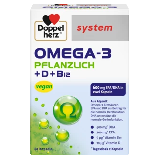 Abbildung der Produktverpackung Doppelherz system OMEGA-3 PFLANZLICH ALGENÖL Frontansicht