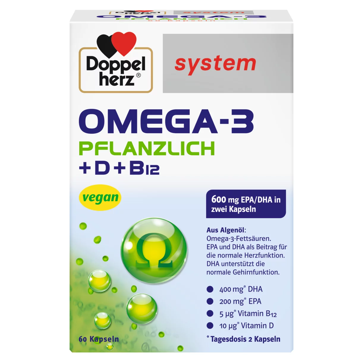 Doppelherz system OMEGA-3 PFLANZLICH ALGENÖL Frontansicht