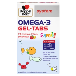 Abbildung der Produktverpackung Doppelherz system OMEGA-3 family Erdbeer Frontansicht