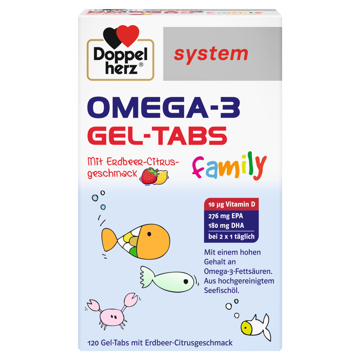 Abbildung der Produktverpackung Doppelherz system OMEGA-3 family Erdbeer Frontansicht