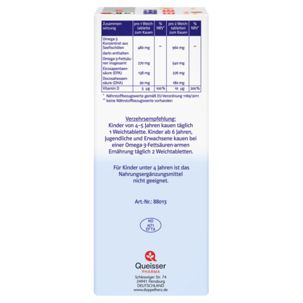 Abbildung der Produktverpackung Doppelherz system OMEGA-3 family Erdbeer Seitenansicht links