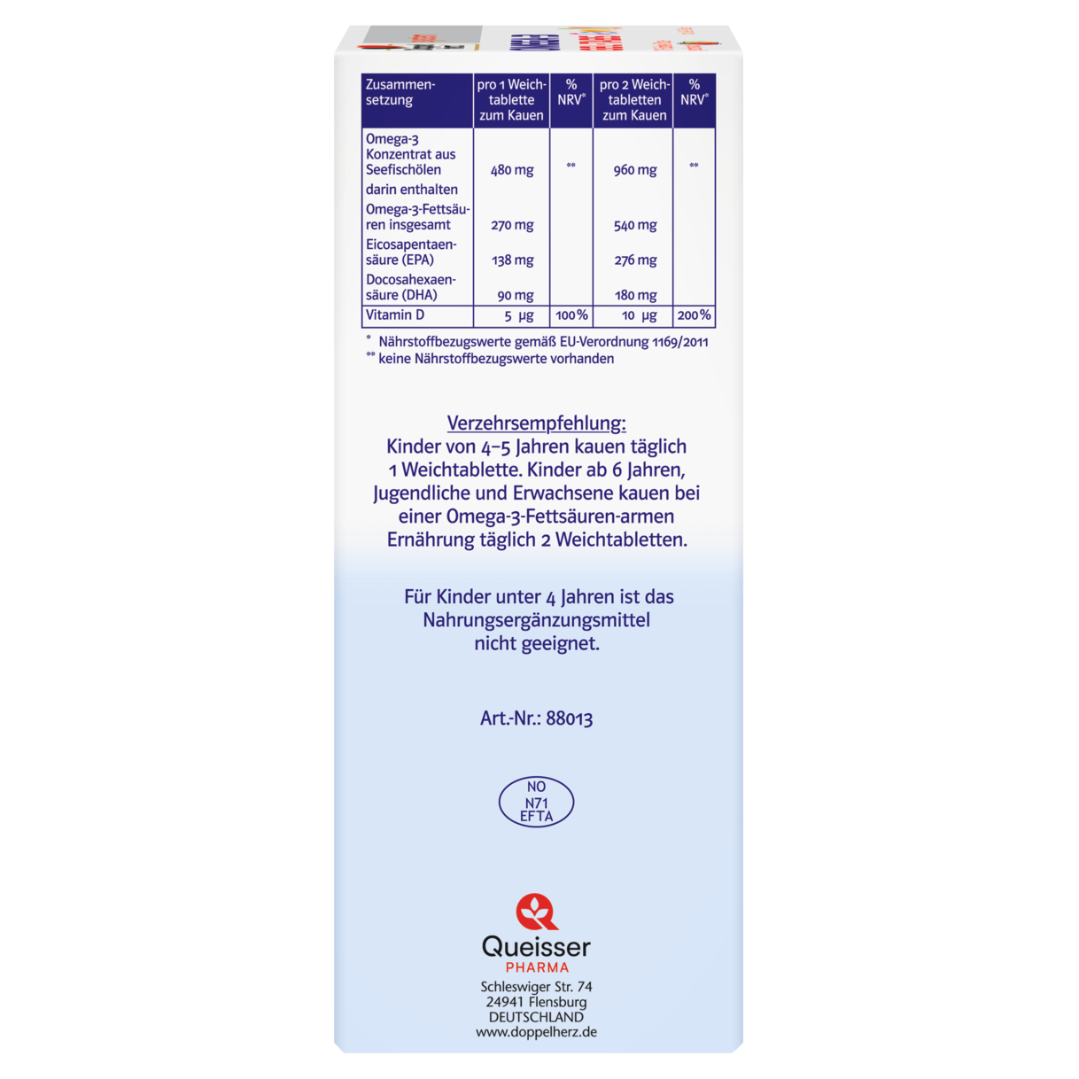 Abbildung der Produktverpackung Doppelherz system OMEGA-3 family Erdbeer Seitenansicht links