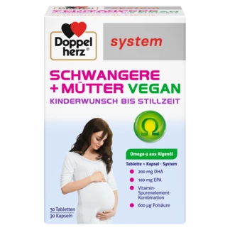 Abbildung der Produktverpackung Doppelherz system SCHWANGERE + MÜTTER VEGAN Frontansicht