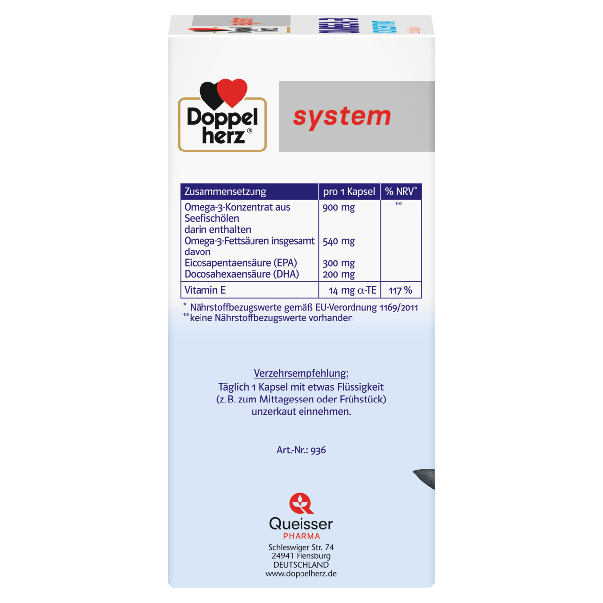 Abbildung der Produktverpackung Doppelherz system OMEGA-3 KONZENTRAT Seitenansicht links