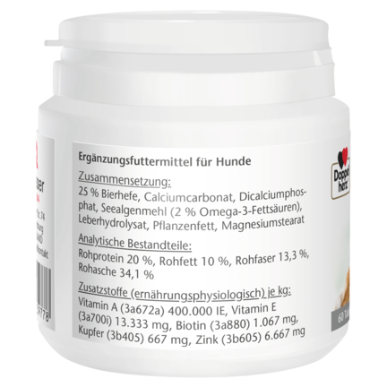 Abbildung der Produktverpackung Doppelherz für Tiere Biotin Plus für Hunde Seitenansicht links