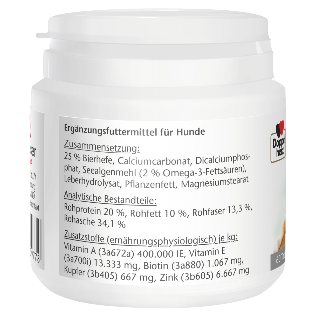 Abbildung der Produktverpackung Doppelherz für Tiere Biotin Plus für Hunde Seitenansicht links