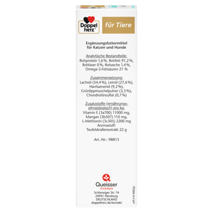 Abbildung der Produktverpackung Doppelherz für Tiere Gelenk Öl Omega-3 für Katzen und Hunde Seitenansicht links