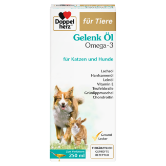 Abbildung der Produktverpackung Doppelherz für Tiere Gelenk Öl Omega-3 für Katzen und Hunde Frontansicht