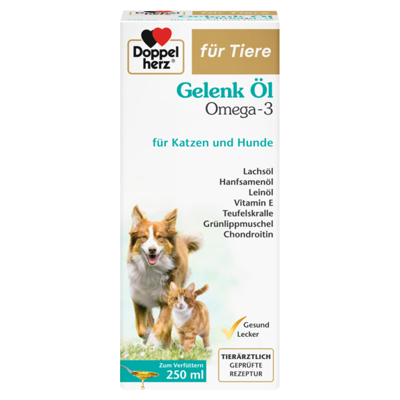 Abbildung der Produktverpackung Doppelherz für Tiere Gelenk Öl Omega-3 für Katzen und Hunde Frontansicht