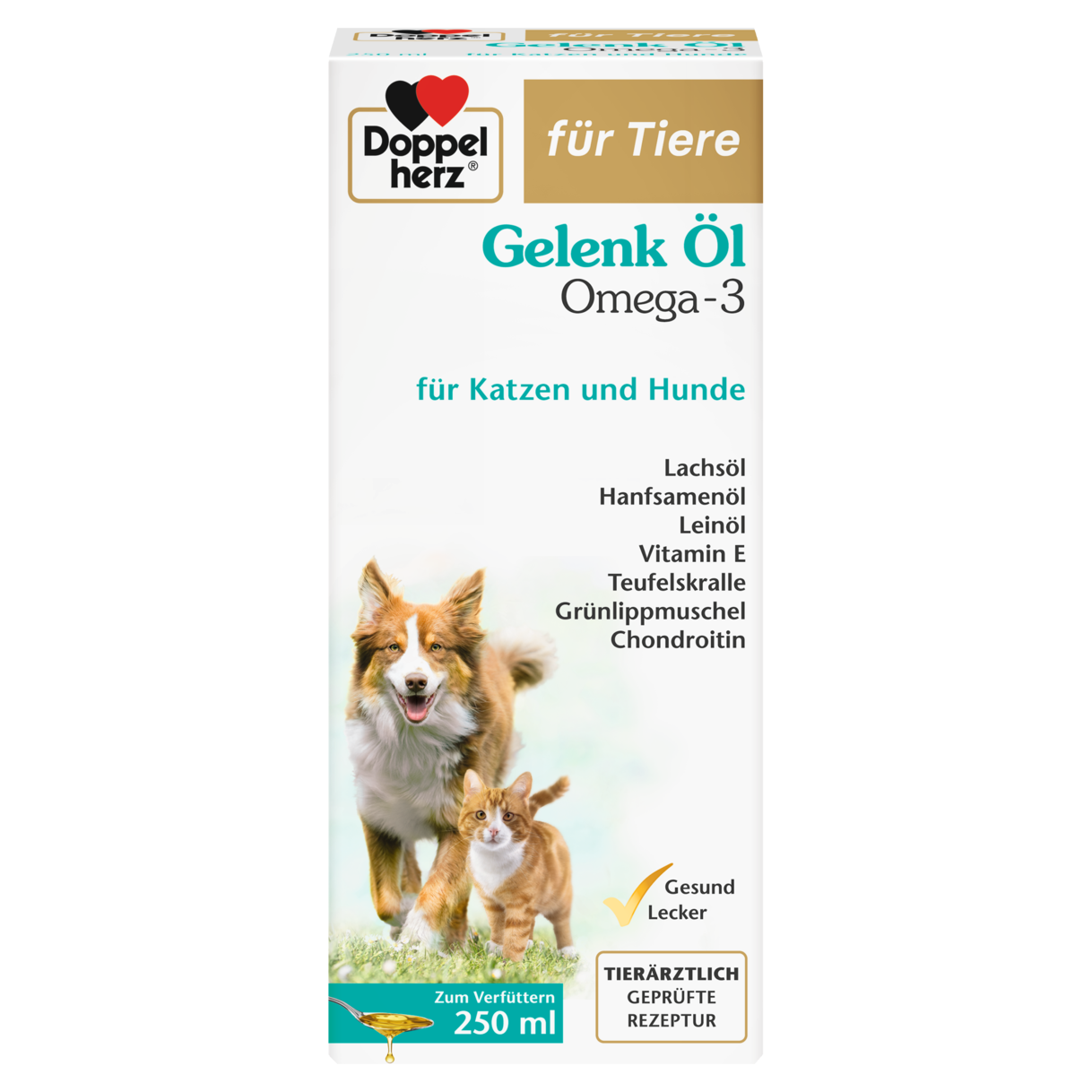 Abbildung der Produktverpackung Doppelherz für Tiere Gelenk Öl Omega-3 für Katzen und Hunde Frontansicht