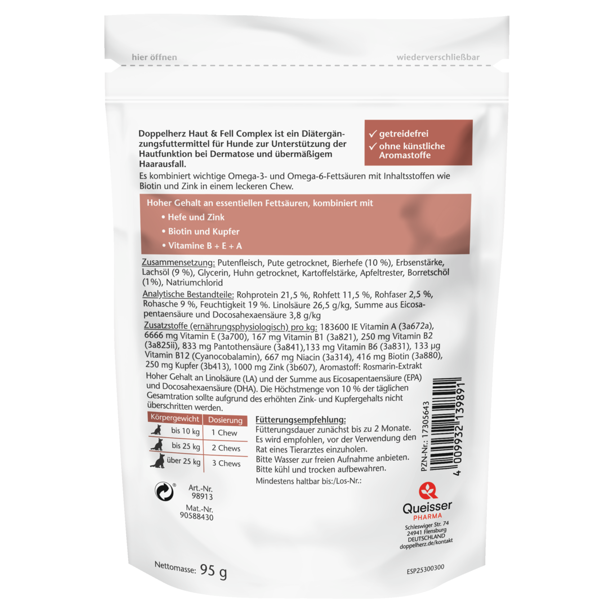 Abbildung der Produktverpackung Doppelherz für Tiere Haut & Fell Complex für Hunde Rückansicht