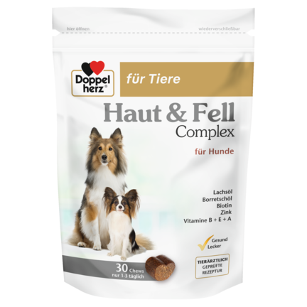 Abbildung der Produktverpackung Doppelherz für Tiere Haut & Fell Complex für Hunde Frontansicht