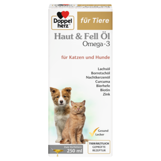 Abbildung der Produktverpackung Doppelherz für Tiere Haut & Fell Öl Omega-3 für Katzen und Hunde Frontansicht